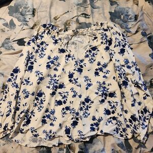 Old Navy White and Blue Smocked Long Sleeve Blouse